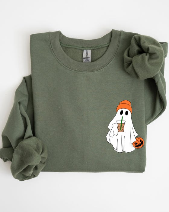 Cute Skater Ghost Pocket Print Halloween Coffee Trick Or Treat Cozy Graphic Sweatshirt
