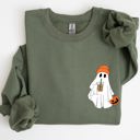 Small Military Green Cute Skater Ghost Pocket Print Halloween Coffee Trick Or Treat Cozy Graphic Sweatshirt