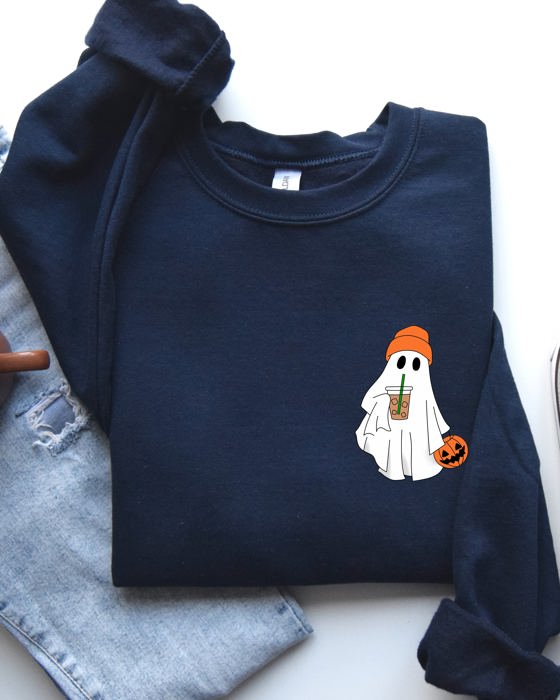 Cute Skater Ghost Pocket Print Halloween Coffee Trick Or Treat Cozy Graphic Sweatshirt