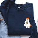Small Navy Cute Skater Ghost Pocket Print Halloween Coffee Trick Or Treat Cozy Graphic Sweatshirt