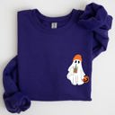 Large Purple Cute Skater Ghost Pocket Print Halloween Coffee Trick Or Treat Cozy Graphic Sweatshirt