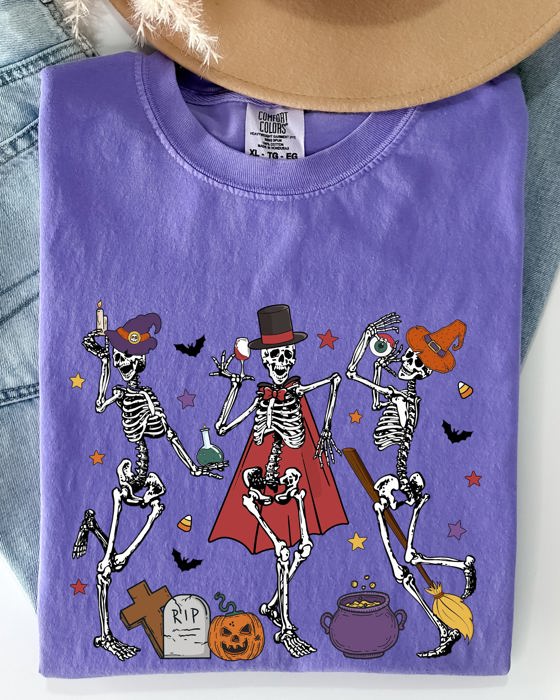 Dancing Skeleton Halloween Party Trick Or Treat Spooky Nighttime Celebration Comfort Colors Tee