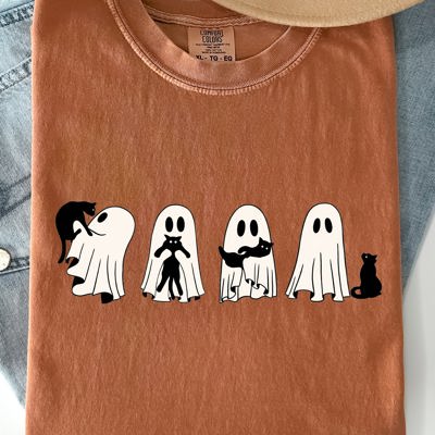 Ghost Cats Halloween Witch Skeleton Trick Or Treat Adorable Vintage Cartoon Style Comfort Colors Tee