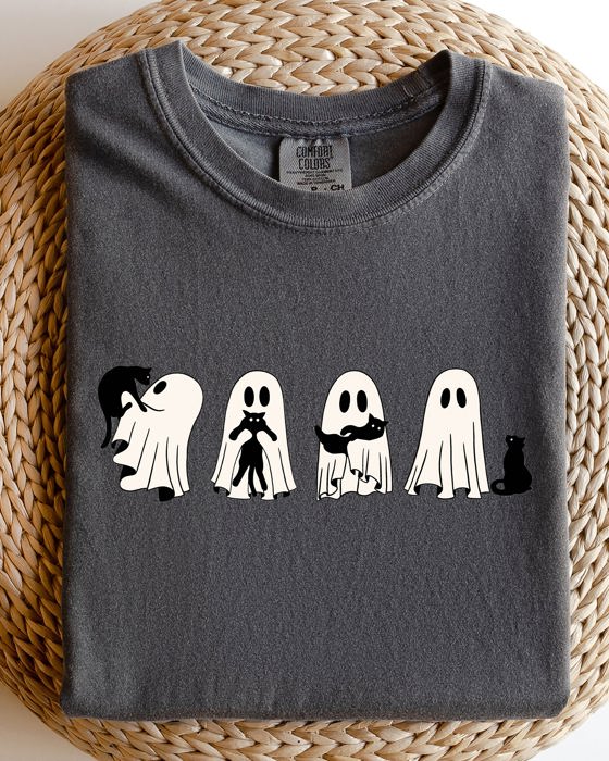 Ghost Cats Halloween Witch Skeleton Trick Or Treat Adorable Vintage Cartoon Style Comfort Colors Tee