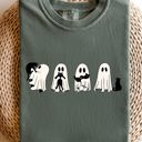 Large Moss Dark Green Ghost Cats Halloween Witch Skeleton Trick Or Treat Adorable Vintage Cartoon Style Comfort Colors Tee