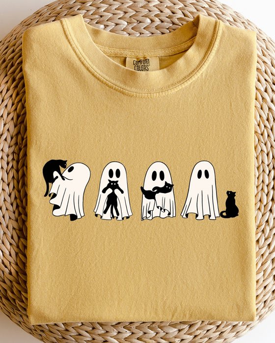 Ghost Cats Halloween Witch Skeleton Trick Or Treat Adorable Vintage Cartoon Style Comfort Colors Tee