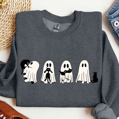 Ghost Cats Trick Or Treat Halloween Witch Skeleton Festive Cozy Print Sweatshirt