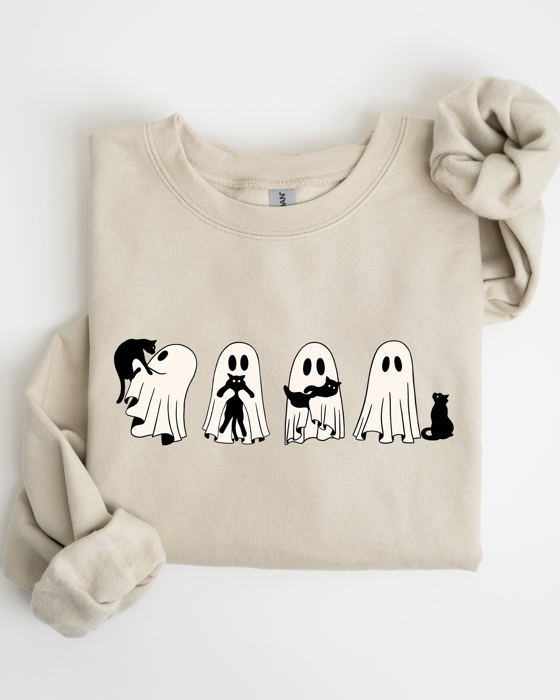 Ghost Cats Trick Or Treat Halloween Witch Skeleton Festive Cozy Print Sweatshirt