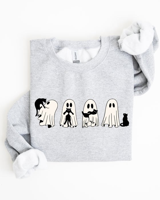 Ghost Cats Trick Or Treat Halloween Witch Skeleton Festive Cozy Print Sweatshirt