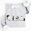 XXXL Ash Light Gray Ghost Cats Trick Or Treat Halloween Witch Skeleton Festive Cozy Print Sweatshirt
