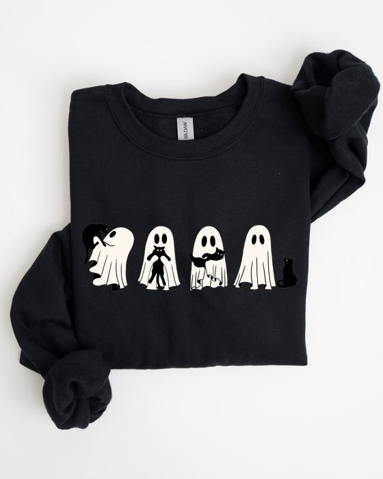 Ghost Cats Trick Or Treat Halloween Witch Skeleton Festive Cozy Print Sweatshirt