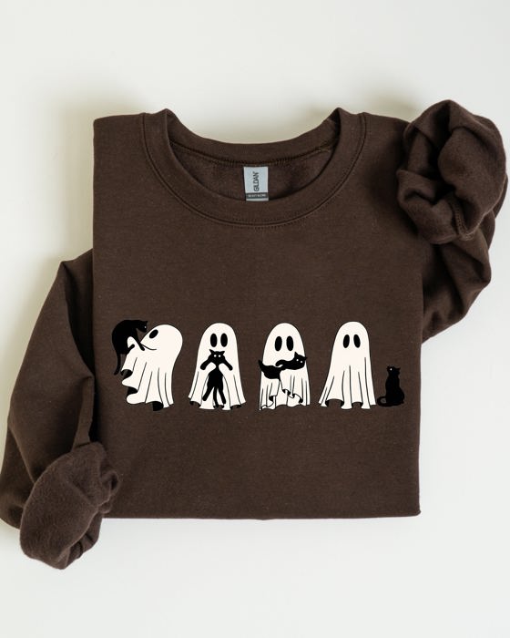 Ghost Cats Trick Or Treat Halloween Witch Skeleton Festive Cozy Print Sweatshirt
