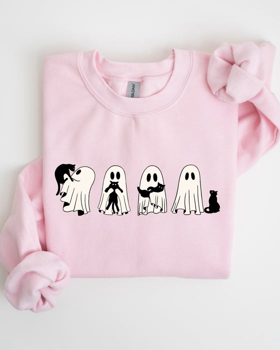 Ghost Cats Trick Or Treat Halloween Witch Skeleton Festive Cozy Print Sweatshirt