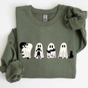 Small Military Green Ghost Cats Trick Or Treat Halloween Witch Skeleton Festive Cozy Print Sweatshirt