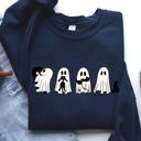 Large Navy Ghost Cats Trick Or Treat Halloween Witch Skeleton Festive Cozy Print Sweatshirt