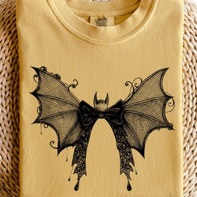 Halloween Bat With Delicate Lace Gothic Witch Silhouette And Spooky Night Motif Comfort Colors Tee