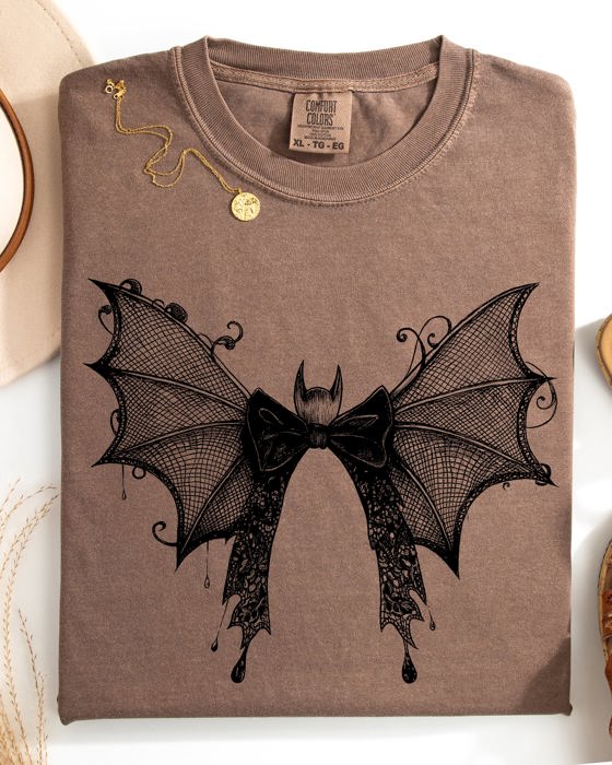 Halloween Bat With Delicate Lace Gothic Witch Silhouette And Spooky Night Motif Comfort Colors Tee