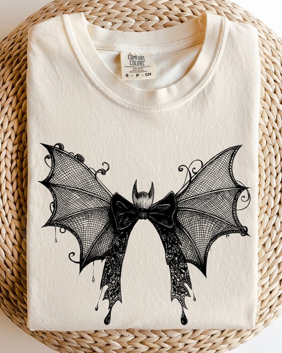 Halloween Bat With Delicate Lace Gothic Witch Silhouette And Spooky Night Motif Comfort Colors Tee