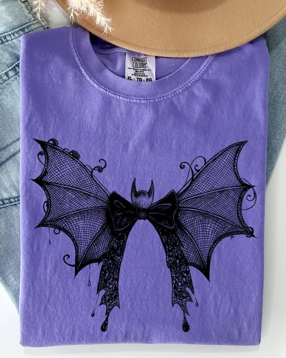 Halloween Bat With Delicate Lace Gothic Witch Silhouette And Spooky Night Motif Comfort Colors Tee