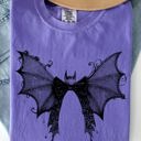 XXXL Violet Purple Halloween Bat With Delicate Lace Gothic Witch Silhouette And Spooky Night Motif Comfort Colors Tee