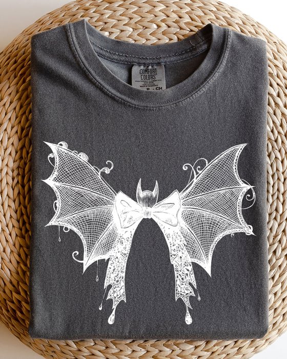 Halloween Bat With Delicate Lace Gothic Witch Silhouette And Spooky Night Motif Comfort Colors Tee