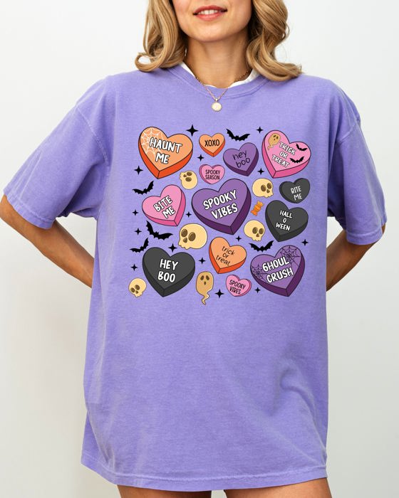 Halloween Candy Hearts Trick or Treat Haunted Spooky Witch Cute Comfort Colors Tee