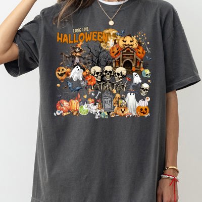 Long Live Halloween Spooky Scene Witch Skeleton Ghost Haunted Night Moonlit Cemetery Vintage Vibe Comfort Colors Tee