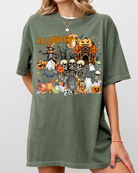 Long Live Halloween Spooky Scene Witch Skeleton Ghost Haunted Night Moonlit Cemetery Vintage Vibe Comfort Colors Tee