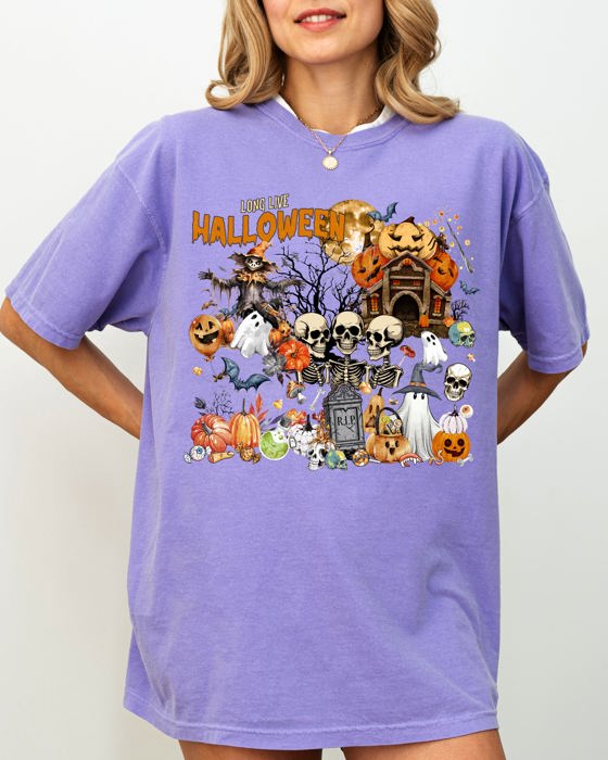 Long Live Halloween Spooky Scene Witch Skeleton Ghost Haunted Night Moonlit Cemetery Vintage Vibe Comfort Colors Tee