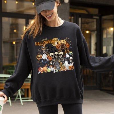 Long Live Halloween Spooky Scene Witch Skeleton Ghost Haunted Classic Graphic Sweatshirt