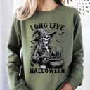 Large Military Green Long Live Halloween Witch Skeleton Bats Spooky Zombie Vintage Edition Sweatshirt