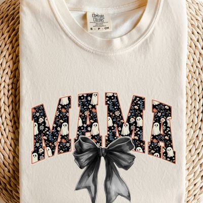 Mama Halloween Bow Ribbon Goth Spooky Witch Varsity Collegiate Comfort Colors Tee