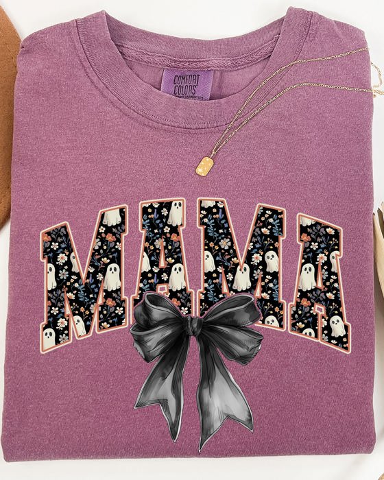 Mama Halloween Bow Ribbon Goth Spooky Witch Varsity Collegiate Comfort Colors Tee