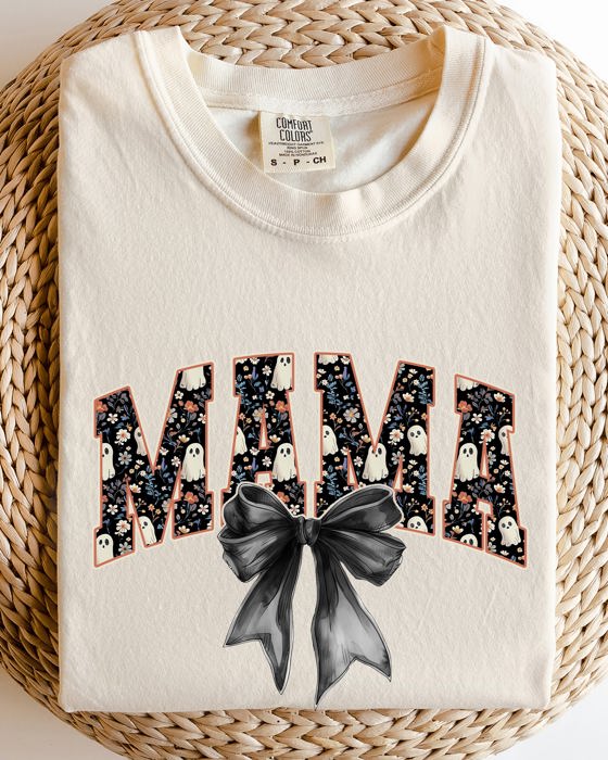 Mama Halloween Bow Ribbon Goth Spooky Witch Varsity Collegiate Comfort Colors Tee