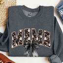 Medium Dark Gray Heather Mama Halloween Bow Ribbon Goth Spooky Witch Varsity Collegiate Graphic Sweatshirt