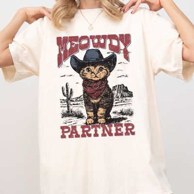 Meowdy Partner Cowboy Cat Cowgirl Howdy Yee Haw Western Country Comfort Colors Tee
