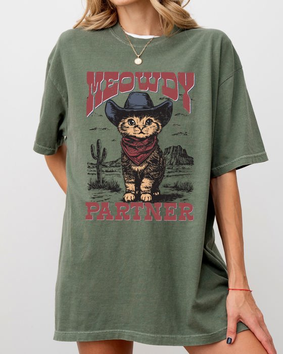 Meowdy Partner Cowboy Cat Cowgirl Howdy Yee Haw Western Country Comfort Colors Tee