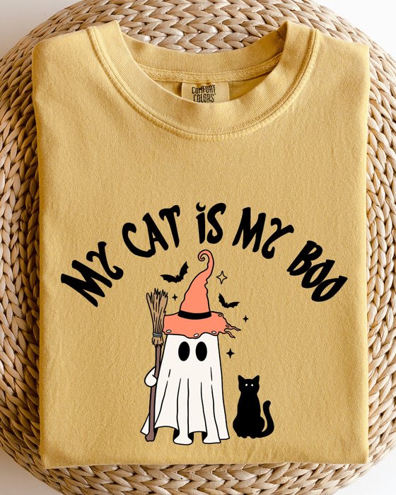 My Cat Is My Boo Halloween Ghost Witch Trick Or Treat Bats Apparel Comfort Colors Tee