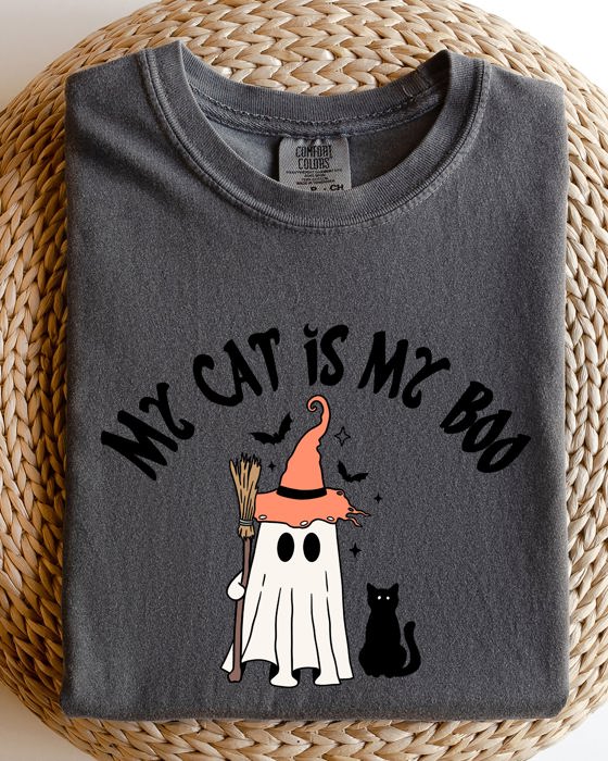My Cat Is My Boo Halloween Ghost Witch Trick Or Treat Bats Apparel Comfort Colors Tee