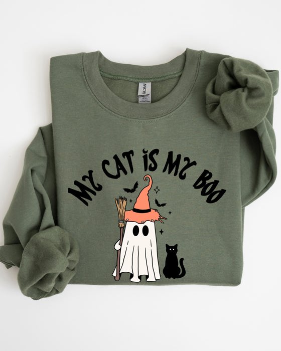 My Cat Is My Boo Halloween Ghost Witch Trick Or Treat Bats Graphic Cozy Sweatshirt