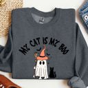 Small Dark Gray Heather My Cat Is My Boo Halloween Ghost Witch Trick Or Treat Bats Graphic Cozy Sweatshirt