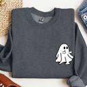 Small Dark Gray Heather Rude Ghost Pocket Print Middle Finger Crude Vulgar Meme Halloween Edition Sweatshirt