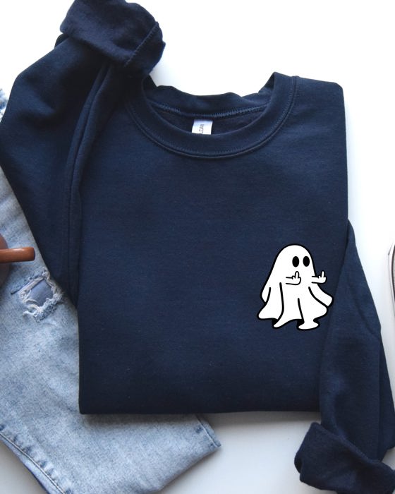 Rude Ghost Pocket Print Middle Finger Crude Vulgar Meme Halloween Edition Sweatshirt