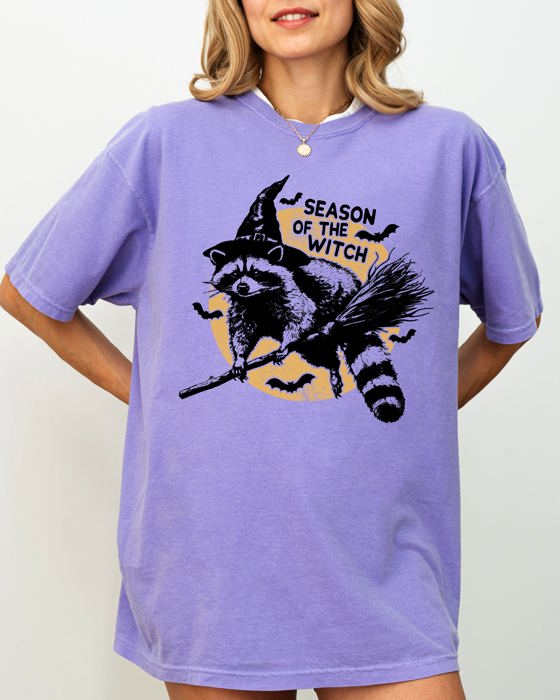 Season Of The Witch Cute Raccoon Halloween Meme Bats Moon Spooky Comfort Colors Tee