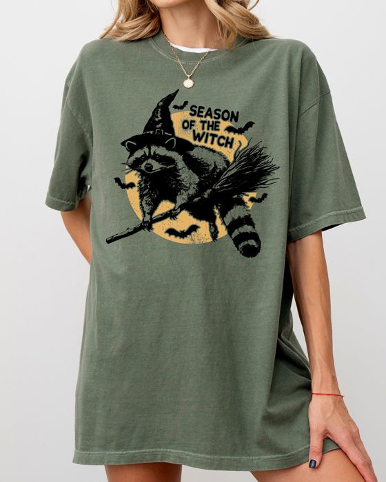 Season Of The Witch Cute Raccoon Halloween Meme Bats Moon Spooky Comfort Colors Tee