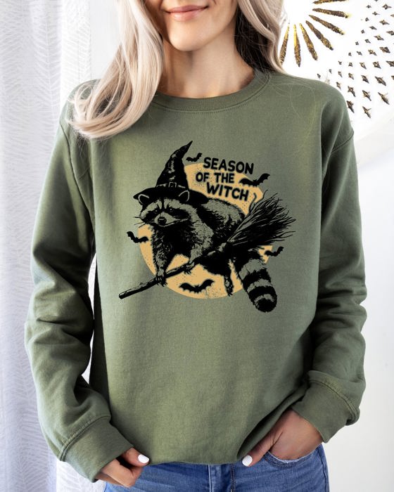 Season Of The Witch Raccoon Halloween Meme Bats Moon Spooky Midnight Graphic Sweatshirt