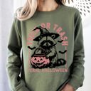 Small Military Green Trick Or Trash Feral Halloween Raccoon Trick Or Treat Meme Witch Costume Sweatshirt