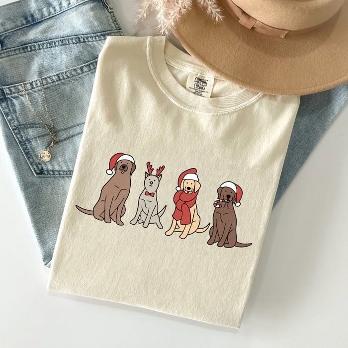 Adorable Christmas Dogs, Reindeer, Santa, Retro Xmas Holiday Scene Comfort Colors Tee