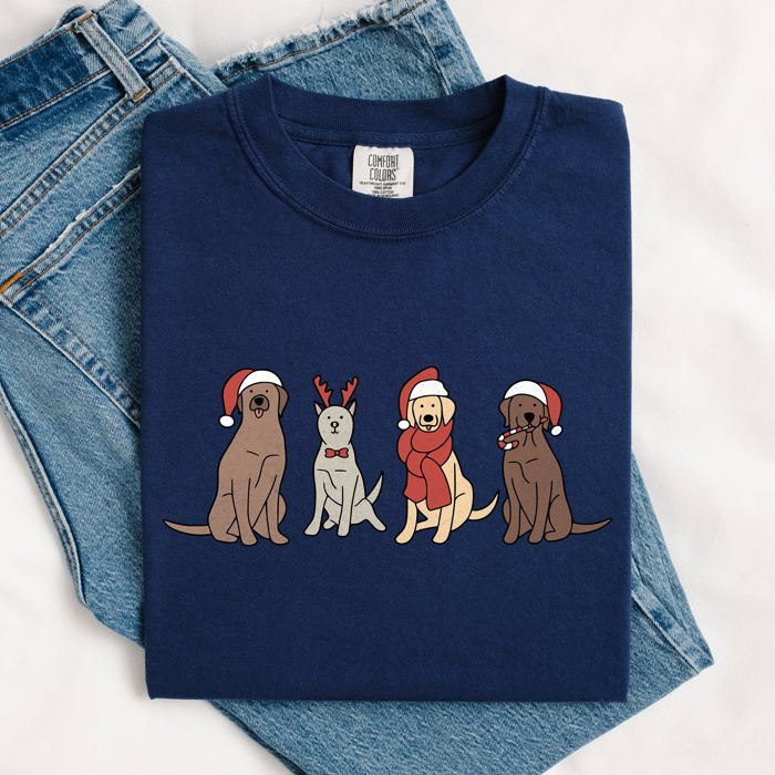 Adorable Christmas Dogs, Reindeer, Santa, Retro Xmas Holiday Scene Comfort Colors Tee