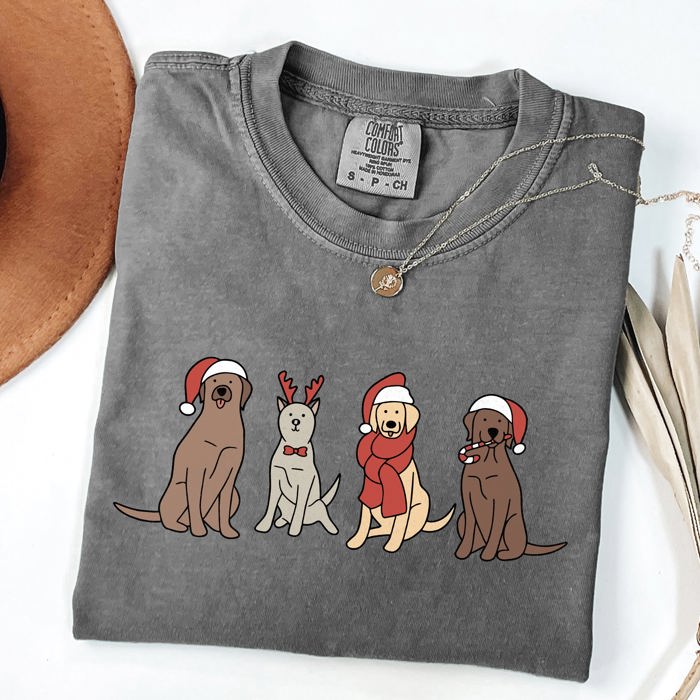 Adorable Christmas Dogs, Reindeer, Santa, Retro Xmas Holiday Scene Comfort Colors Tee